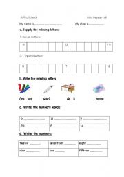 English Worksheet: letters - classroom objects - numbers - read and complate sentence.match the sentence with the picture