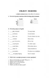 English worksheet: SUBJECT PRONOUNS