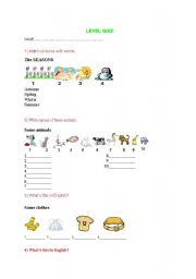 English Worksheet: level quiz seasons, animals, clothes,body parts,