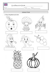 English Worksheet: fruits - colour and write