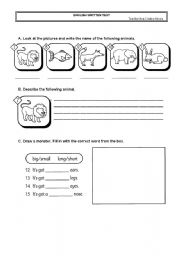 English Worksheet: english test with animals, prepositions and weather