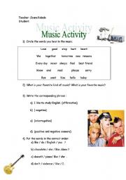 English Worksheet: Music Activity+ present simple