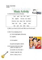 English worksheet: Music Activity+ present simple