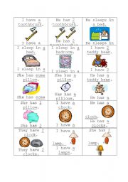 English Worksheet: Game Cards - Bedtime items (focusing on plurals)