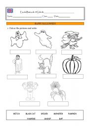 English Worksheet: Halloween- colour and write