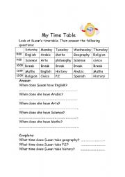 English Worksheet: my timetable