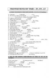 English Worksheet: PREPOSITIONS OF TIME - IN, ON, AT