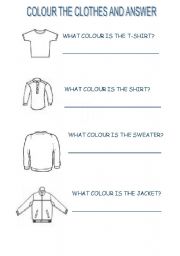 English worksheet: colour the clothes and answer