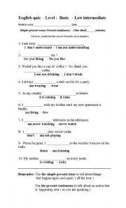 English Worksheet: English warm-up quiz. Simple present versus Present continuous