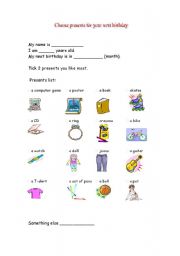 English Worksheet: CHOOSE A PRESENT FOR YOUR BIRTHDAY