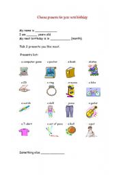 English worksheet: CHOOSE A PRESENT FOR YOUR BIRTHDAY