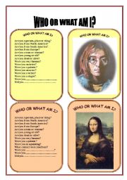 English Worksheet: CARD ONE WHO OR WHAT AM I GAME