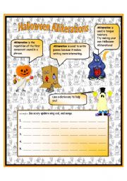 English Worksheet: Halloween Alliterations