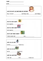 English worksheet: Basic questions :family, names, ages...