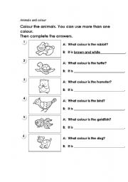 English Worksheet: animals and colours