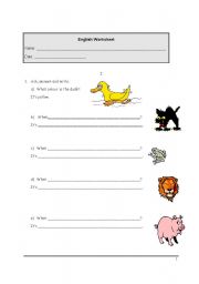 English worksheet: Animals, colours and prepositions of place