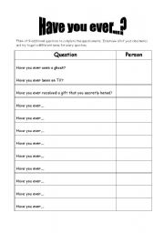 English Worksheet: Have you ever...? questionnaire