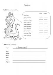 English Worksheet: Numbers. Body Parts. Numerals. Nouns