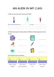 English Worksheet: An alien in my class (reading comprehension)