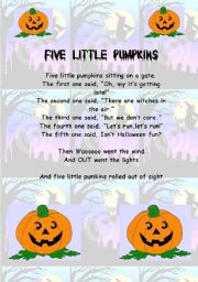 English Worksheet: Halloween Five Little Pumpkins