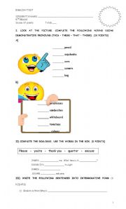 English Worksheet: test for begginers, verb to be, demonstratives, time.