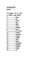 English worksheet: indefinite article