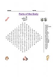 English Worksheet: Parts of the Body Wordsearch