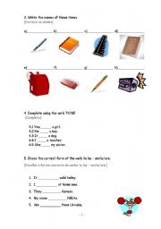 English Worksheet: Greetings, School objects, verb to be, numbers, pronouns - page 2