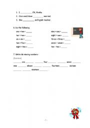 English worksheet: Greetings, School objects, verb to be, numbers, pronouns - page 3