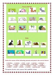 Pets and farm animals, a worksheet