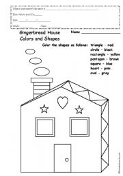 English Worksheet: gingerbread house colours and shapes