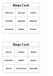 English Worksheet: BINGO - 20 commonly used prefix, suffix and root words
