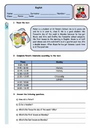 English Worksheet: PETERS TIMETABLE