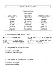 English worksheet: SIMPLE PAST OF VERB TO BE