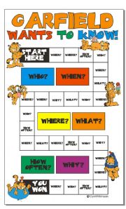 English Worksheet: Game: Garfield wants to know! (printer friendly)