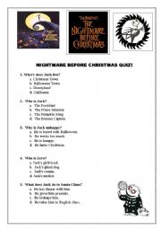 English Worksheet: Nightmare Before Christmas FUN movie Quiz Multiple Choice EASY