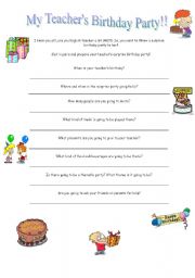 English worksheet: My teachers birthday party!