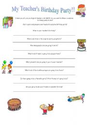 English Worksheet: My teachers birthday party!