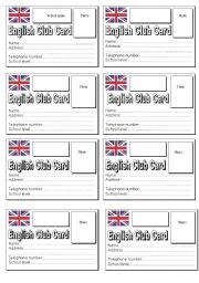 English Worksheet: English Club Card