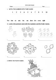 English worksheet: numbers and fruits