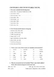 English Worksheet: Countable and Uncountable nouns