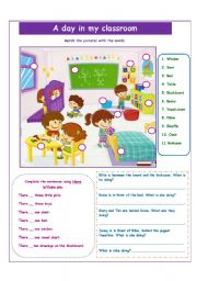 English Worksheet: A day in my classroom. There is/are and PRESENT CONTINOUS