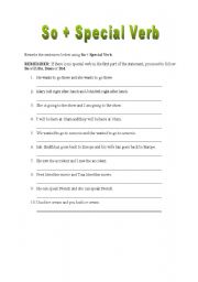 English worksheet: So + Special Verb (Modal Verb)