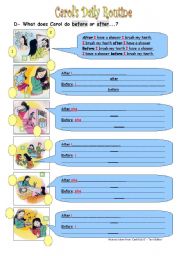 English Worksheet: Carol�s Daily Routine - Use of Adverbs of Time BEFORE/AFTER