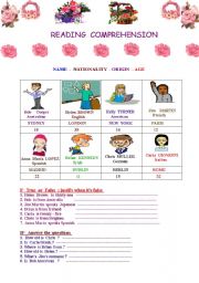 English Worksheet: Reading comprehension fot beginners : names- age -nationality- origin 