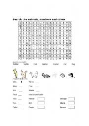 English worksheet: animals number 1-10 and colors search 