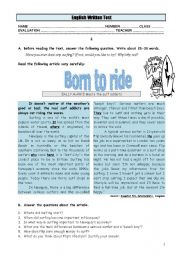 English Worksheet: Test - Born to ride