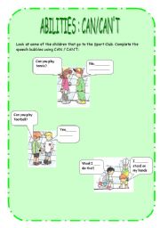 English Worksheet: Abilities: can /cant - At the sports club