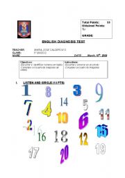 English worksheet: diagnbstic test for elementary school children (5th grade)