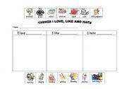 English Worksheet: Things you love, like and hate